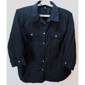 Chaps Button Up Women's Shirt Top, 3X, Black White Polka Dot